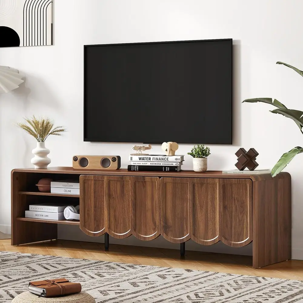 

Walnut 63 TV Stand with Wave Panel Design, Storage, and Sliding Doors for Living Room Entertainment Center
