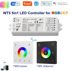 5in1 TUYA WIFI Smart LED Controller WT5 DC12V 24V RGBW RGBCCT con RF 2.4G 4Zone Touch Panel remoto per Alexa Google Smartlife