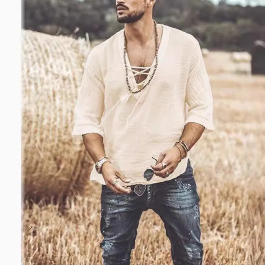 Crewneck Half Sleeve Loose Fit Sporty Shirt with Stand Collar Regular Thickness Three Quarter Sleeve Summer Patchwork Men Shirts