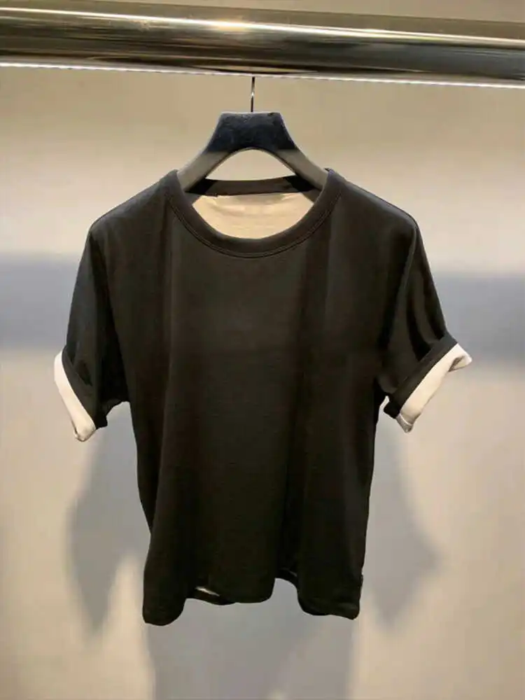 

Summer New Loose Cotton round Ne ort Sve T-irt Women's Basic Sle Faionable Korean Straight Cut Basic Top