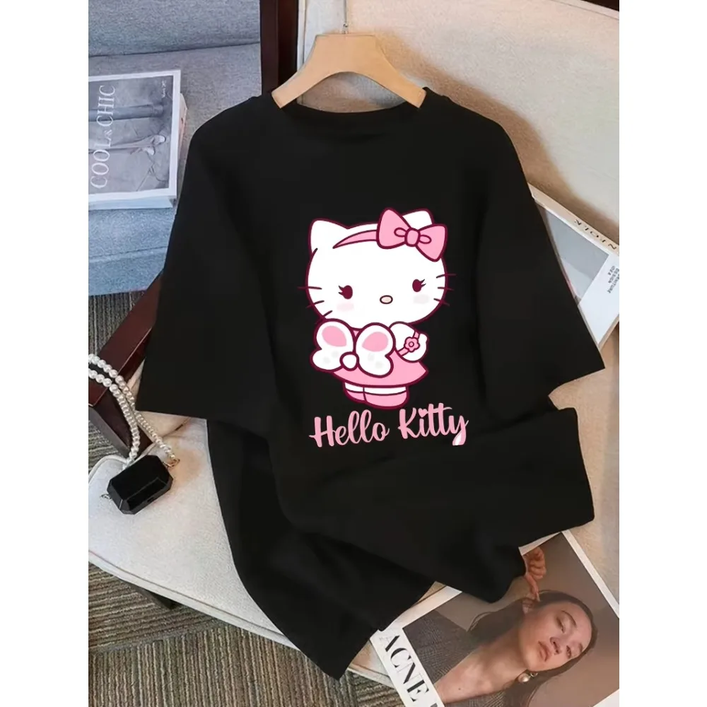 MINISO Hello Kitty y sus amigos estilo Casual mujer manga corta patrón de dibujos animados cuello redondo Camiseta suelta manga corta algodón divertido