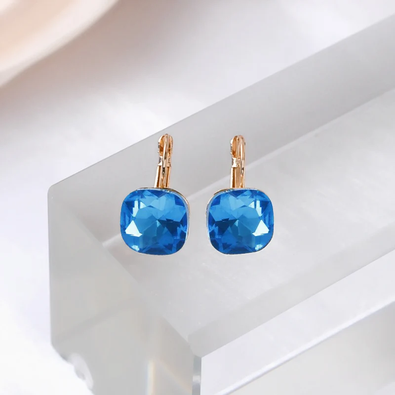 Blue Crystal Square Dangle Earrings for Women Shiny Small Geometric Statement Korean Fashion Girls Ear Jewelry Birthday Gift