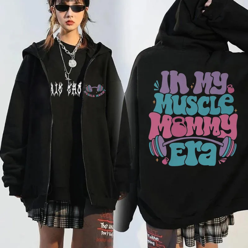 In My Muscle Mommy Era Funny Zip-up Hoodie Mens Womens Clothes Mothers Day Zipper Sweatshirts Gym Lovers Winter Jacket for Men