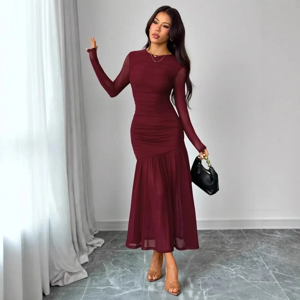 

2026 New Fashion Elegant Long Sleeve Solid Color Tulle Patchwork Dress Women Round Neck Pleated Mermaid Skirt