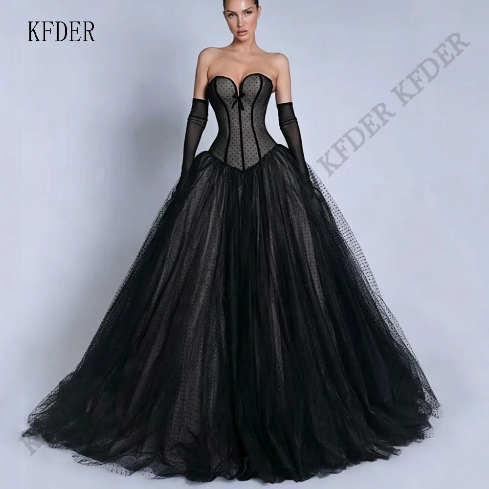Black Dots Elegant Sweetheart A-Line Prom Dresses Sweetheart Sleeveless Draped Formal Evening Dresses فساتين سهرة Customized
