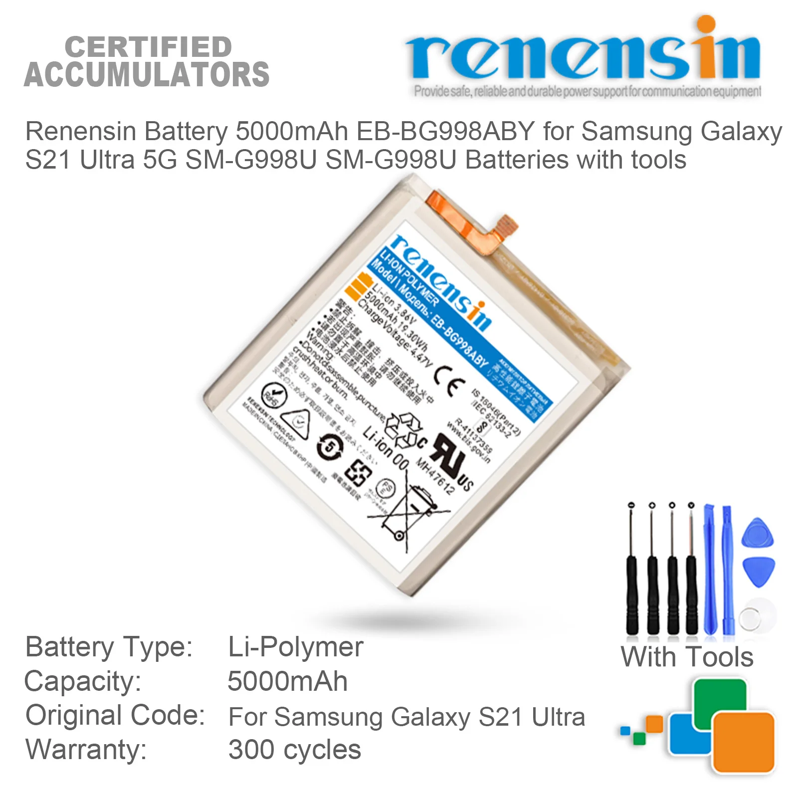 

Renensin Battery 5000mAh EB-BG998ABY for Samsung Galaxy S21 Ultra 5G SM-G998U SM-G998U Batteries with tools