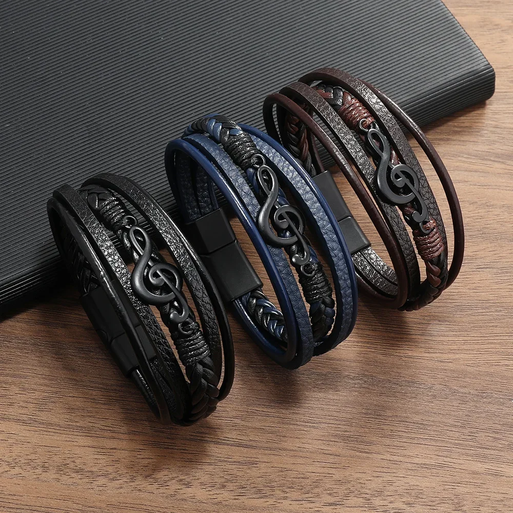 Pulsera Hombre Bracelets For Men New Retro Creative Music Symbol Simple Leather Multi-layer Bracelets Magnetic Buckle Jewelry