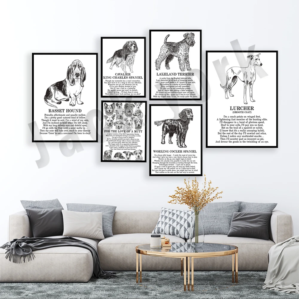 Lakeland Terrier, Saluki, Shetland Sheepdog, English Setter, Golden Retriever, Basset Hound, animal illustration poem poster