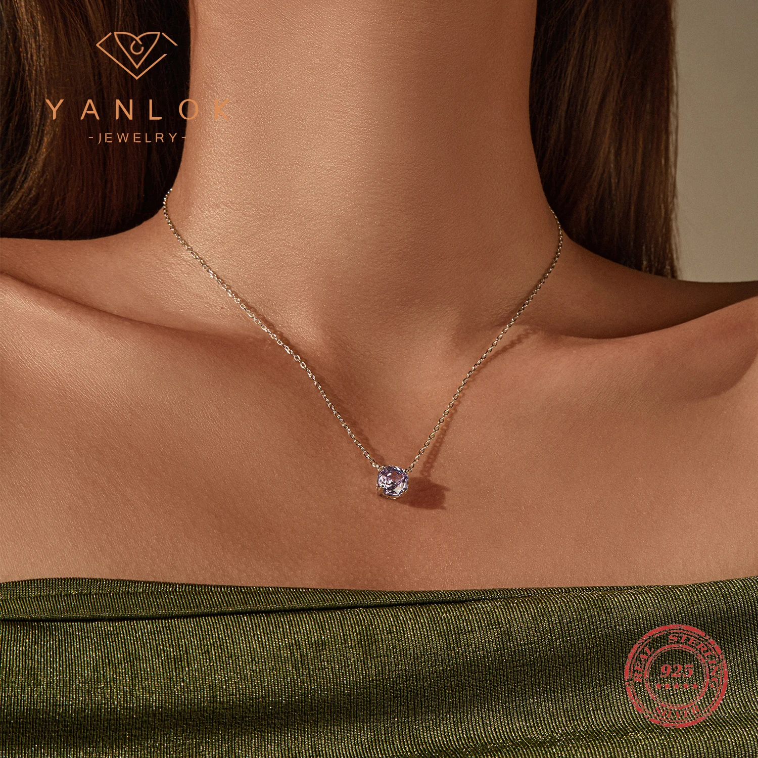 YANLOK 925 Sterling Silver High-End Octagon Pendant Necklace Lavender color Rose Cut CZ Necklace For Women Fine Jewelry