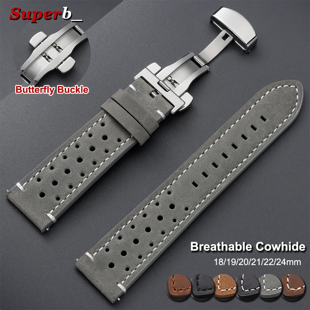 Retro Breathable Cowhide Watch Band Quick Release 18/19/20/21/22/24mm Straps Top Grain Leather Butterfly Clasp Bracelet for Men