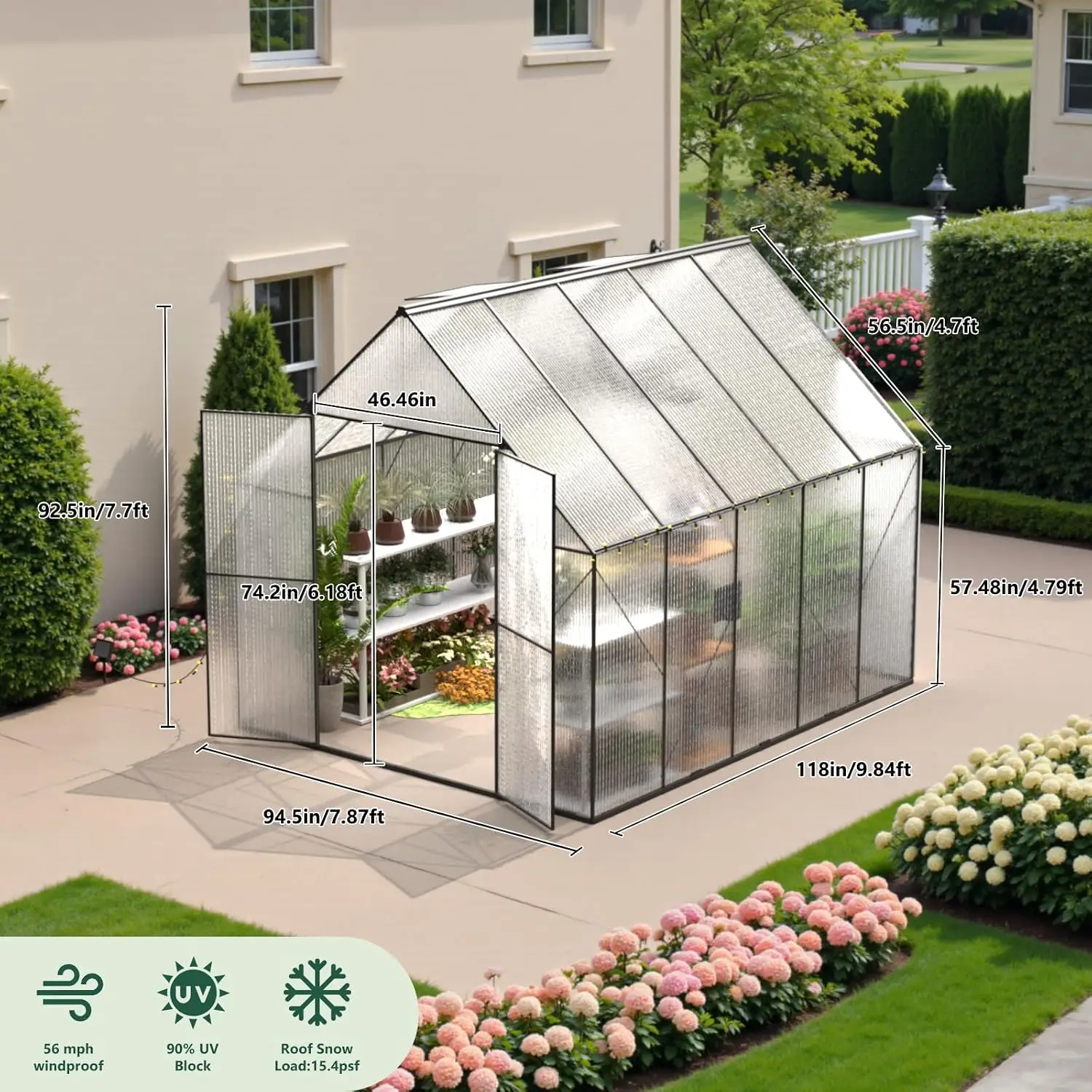 Walk In Polycarbonate Greenhouse, Heavy Duty Outdoor Plant Sun Room, Backyard Gardening Shed With Sliding Door, Aluminum Frame Hot House With Adjustable Roof Vent, Clear