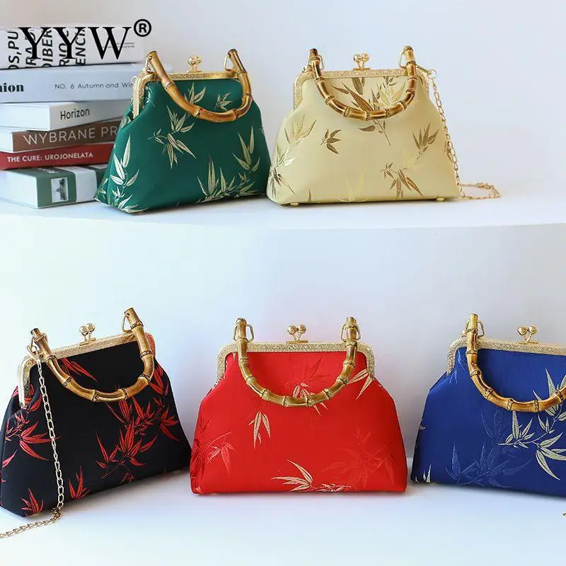 Vintage chiński styl kobiety kopertówka metalowe solidne uchwyt bambusowy markowe Crossbody łańcuszek na ramię torba materiałowa tornister