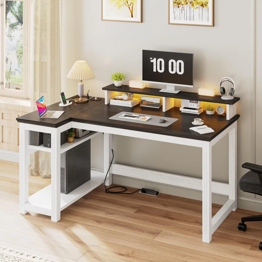 

47.3 computer desk with monitor stand and LED lights, farmhouse office desk with power outlet and home storage rack
