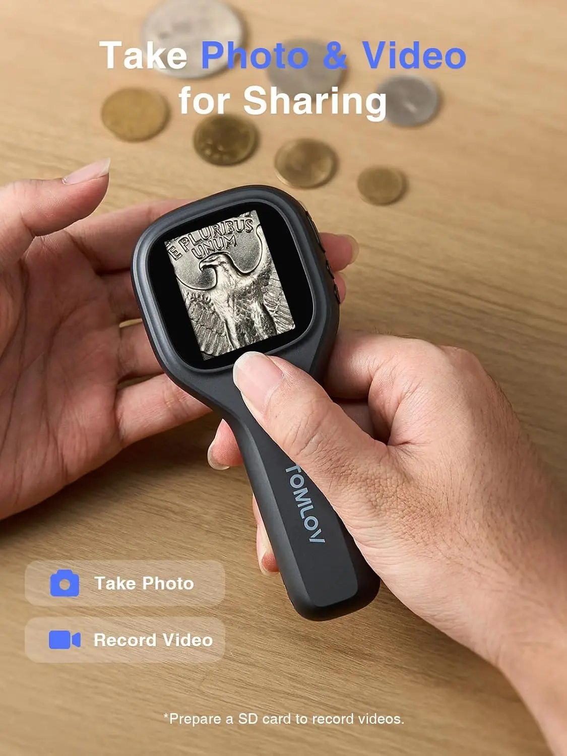 Microscope numérique portatif TOMLOV P10 Evo: Microscope de pièces de monnaie LED IPS 20X 2 "pour adultes et enfants, Compatible avec PC, noir