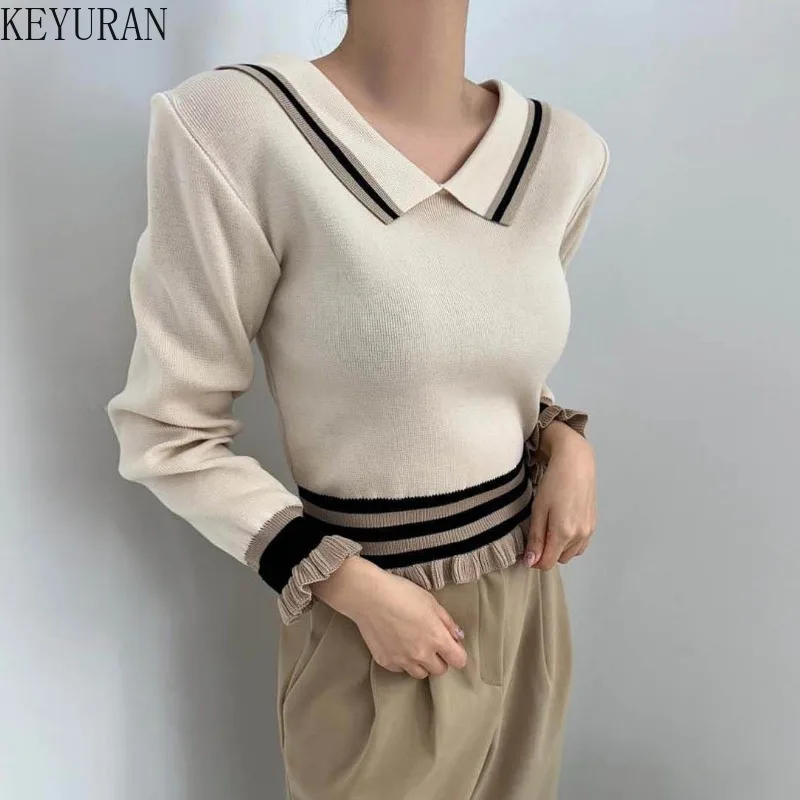 2024 Autumn Winter Sailor Collar Ruffles Pullover Sweater Women Korean Style Slim Long Sleeve Knitted Crop Tops Y2k Mujer Jumper