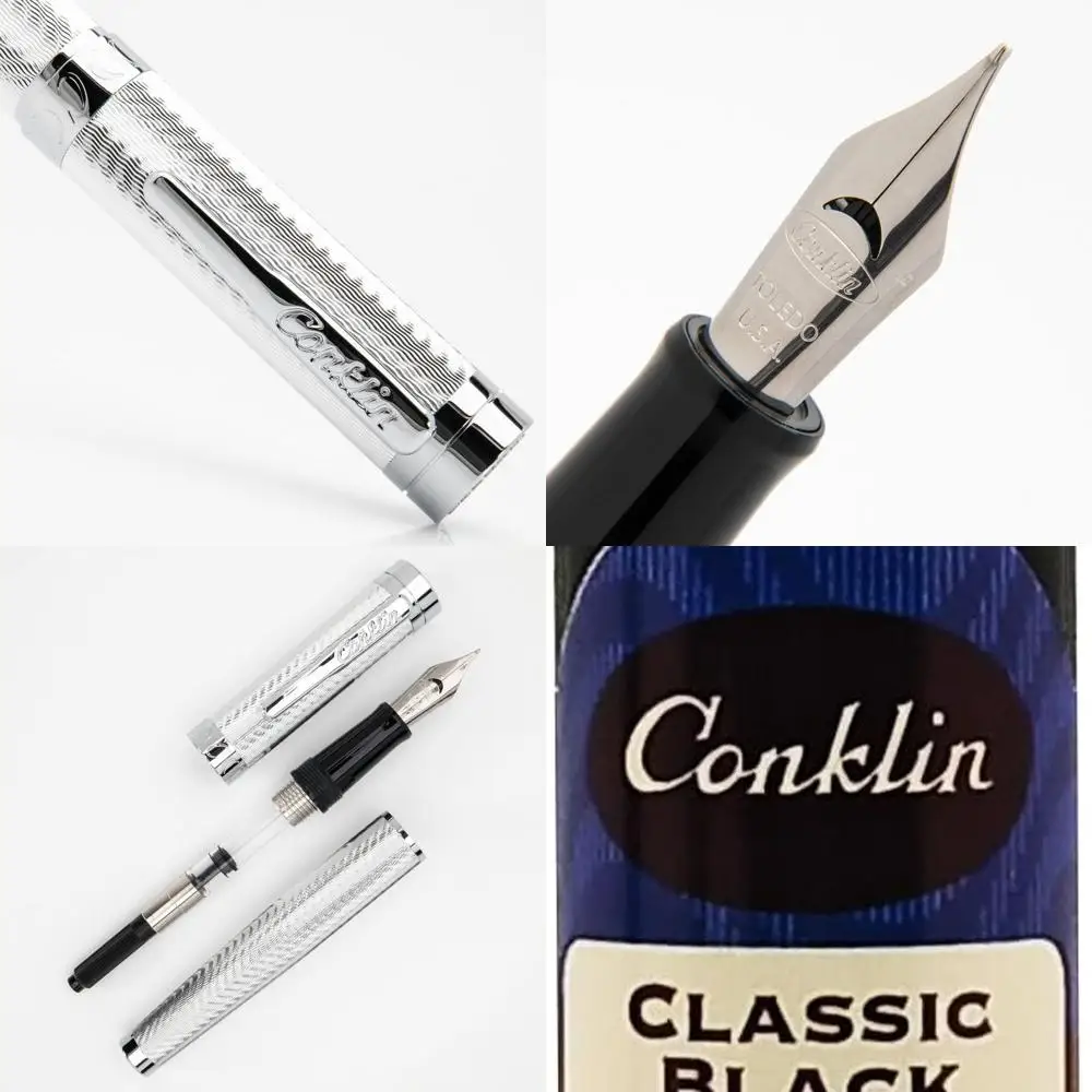 

Silver Medium Nib Herringbone Signature Fountain Pen with 15ml Ink - Luxury Writing Gift for Special Occasions and Office Use