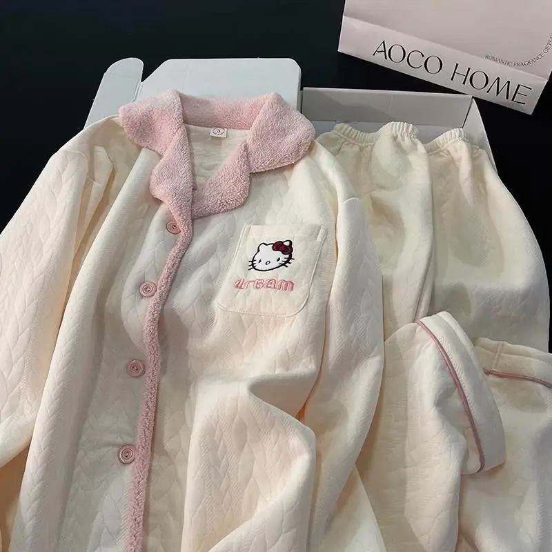 

Ins Стильные пижамы для девочек, воздушный хлопок, сэндвич, осенне-зимний милый комплект Hellokitty, простой, мягкий, удобный, теплый, толстый, домашний комплект одежды