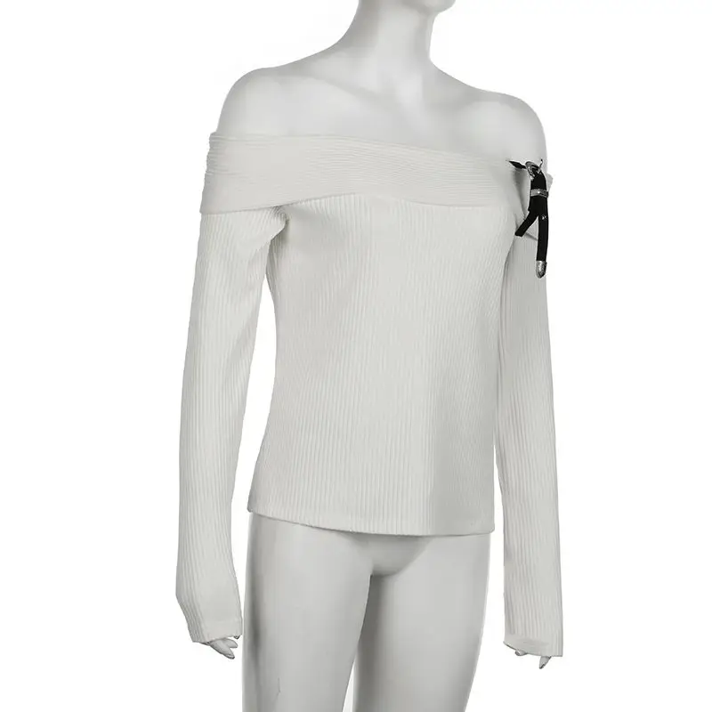 Sweaters Belt Off Shoulder One-Piece Collar Women Y2k Solid Autumn Winter Vintage Fashion Pull Femme Sexy Short Pullovers