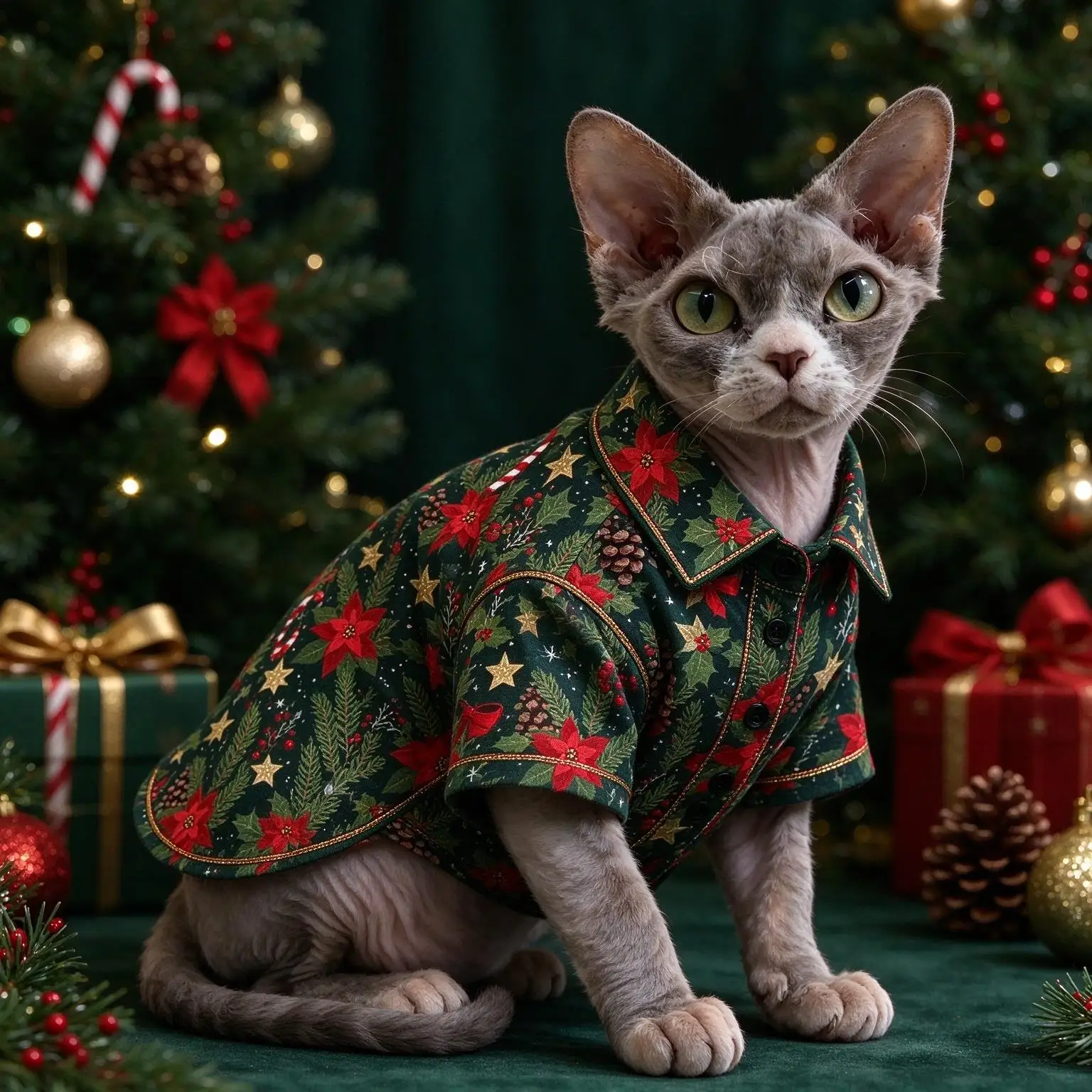 Cat & Dog Christmas Shirt, Cute Cartoon Xmas Element Allover Print Lapel Party Casual Pet Apparel