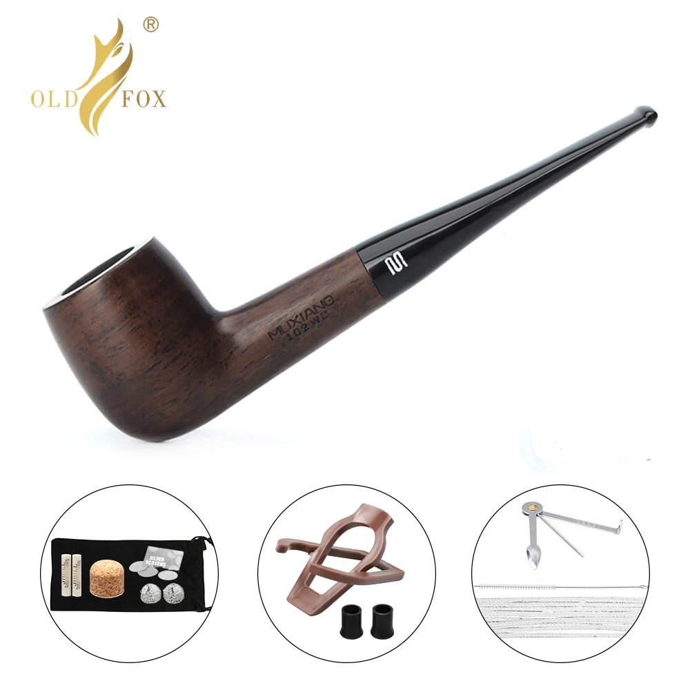 Sandalwood Tobacco Pipe Set para Fumar, Filtro de Madeira Sólida, Dry Ebony, Anel de Ouro, Acessórios com 10 Kits de Ferramentas, Old Fox, Preto, 9mm