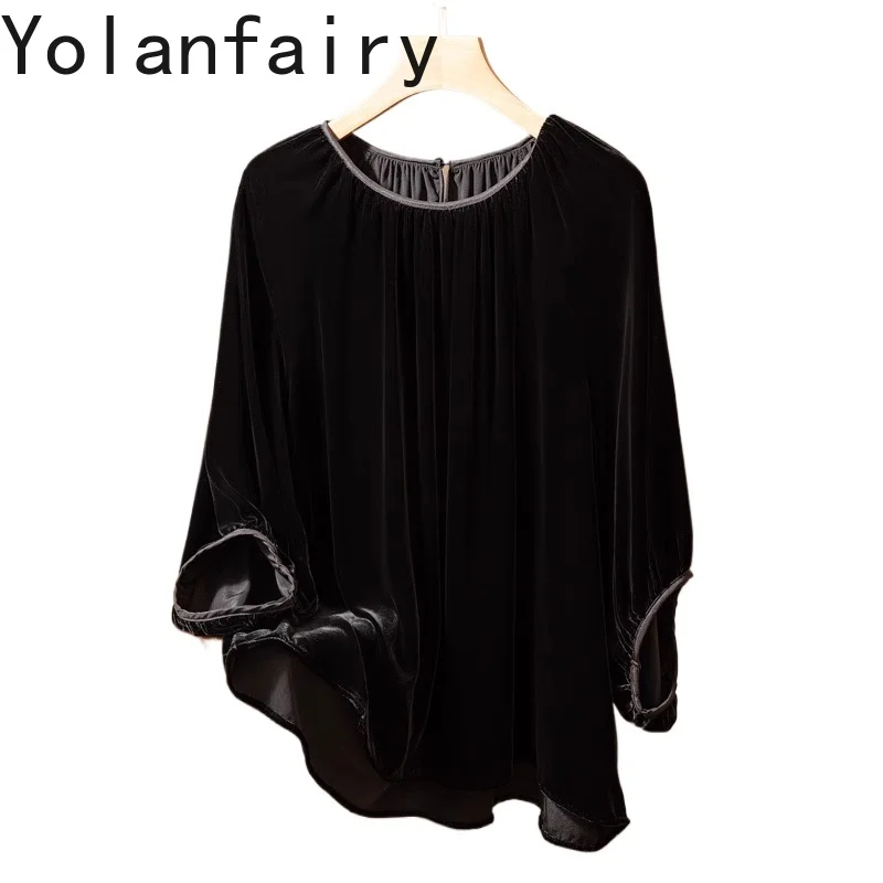 

YOLANFAIRY Real Silk Velvet Blouse Woman Pleated Loose Top 100% Mulberry Silk Three-quarter Sleeve Black Smooth Dames Blouse