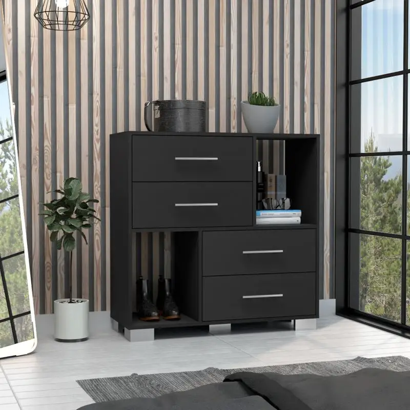 Dresser 35 Inch Height, 2 Open Shelves, 4 Drawers, Metal Handles, Black Finish, Modern Design for Bedroom Storage Solutions