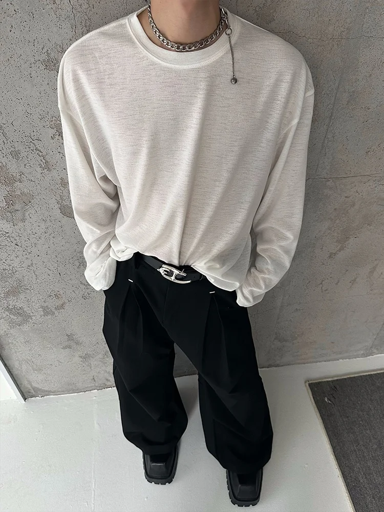 MARTHENAUT Men's Slim Fit  Color Micro See-through Base Shirt Loose round Neck Long Sleeve Top Trendy Casual T-shirt