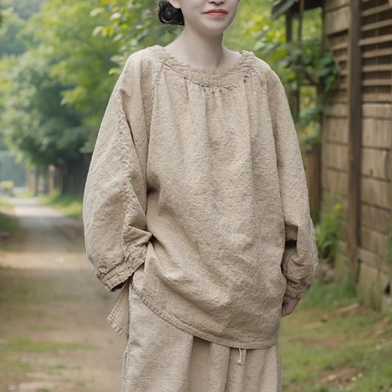 

Oversized Women Cotton Linen Casual T-shirts New 2025 Spring Vintage Style Plain Color Loose Female Long Sleeve Tops Tees M1491