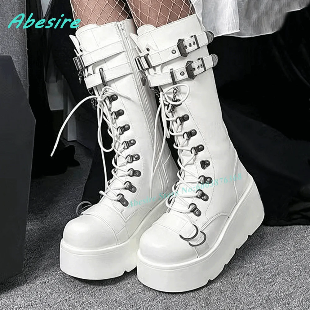 White Cross-Tied Knee High Boots Lace-Up Buckle Strap Chain Heart-Shaped Decoration Women's Boots Gothic Punk Y2K Cosplay Boots