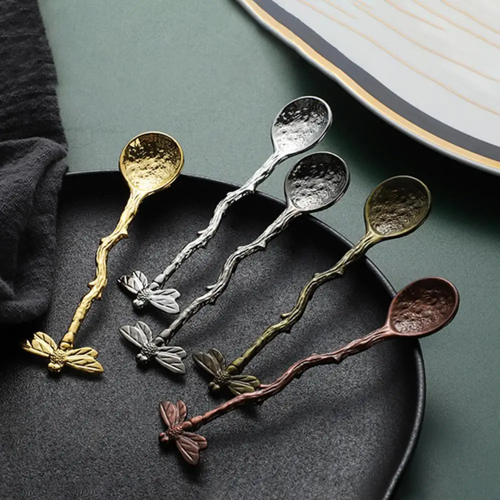 Retro Style Coffee Spoon Heat Resistance Long Handle Comfortable Grip Rust-proof Non-slip Dragonfly Dessert Scoop Kitchen Gadget