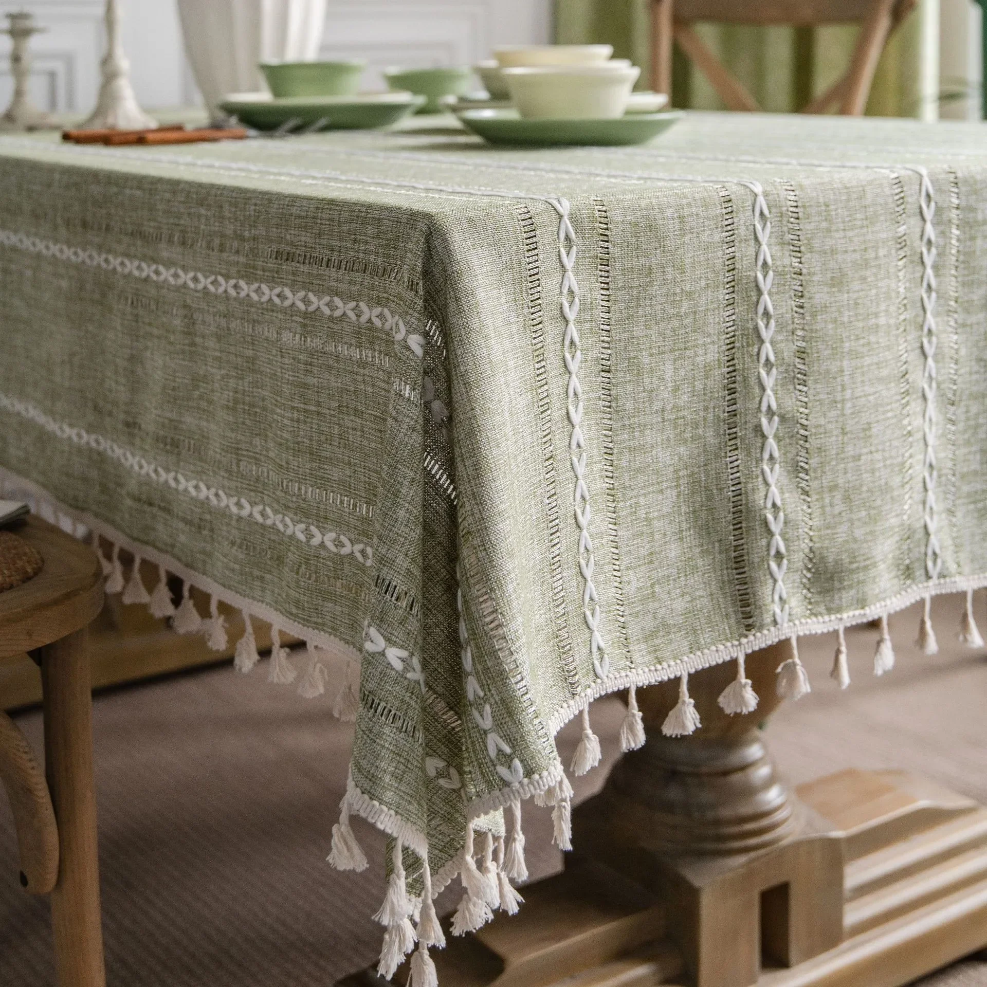 

Green Linen Tablecloth Cotton Linen Hollow Rectangular Tablecloth Pad Striped Decoration Home Solid Color Banquet Table Cloth