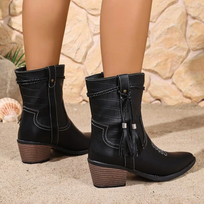Women's Boots Fashion Pointed Toe Mid-Calf Boots Retro Western Cowboy Boots Classics Embroidered Leather Boot Women Knight Boot
