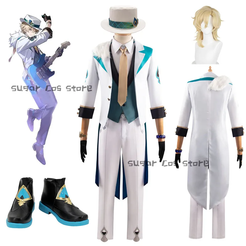 Game Honkai Star Rail Aventurine Cosplay Costume Concert 2024 Guitar Player Uniform White Suit Hat Wig Earrings Halloween Party