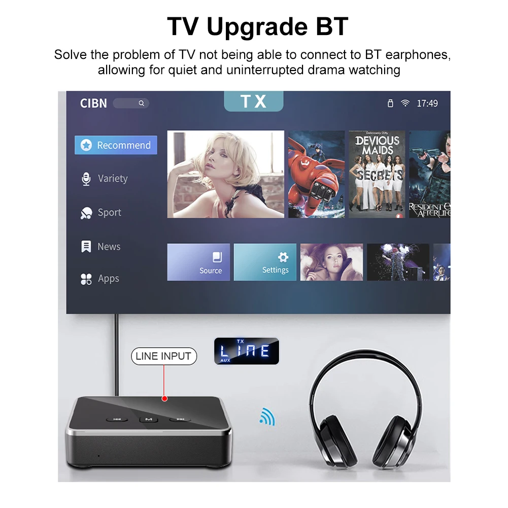 

BT-адаптер 5.4 (приемник/передатчик) с разъемами AUX 3.5 мм, RCA, оптическим входом для ТВ/автомобиля/ПК/домашней аудиосистемы/колонок