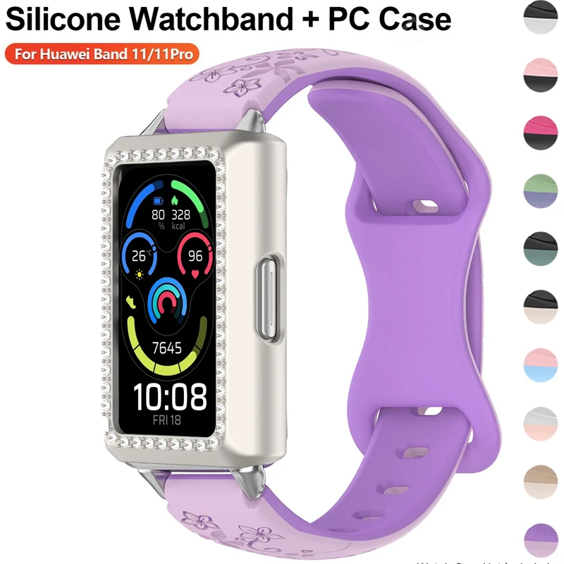 Silikon-Uhrenarmband + PC-Gehäuse mit Bling-Diamanten für Huawei Band 11 Pro, hohles Gehäuse für Huawei Band 11 Strap Correa