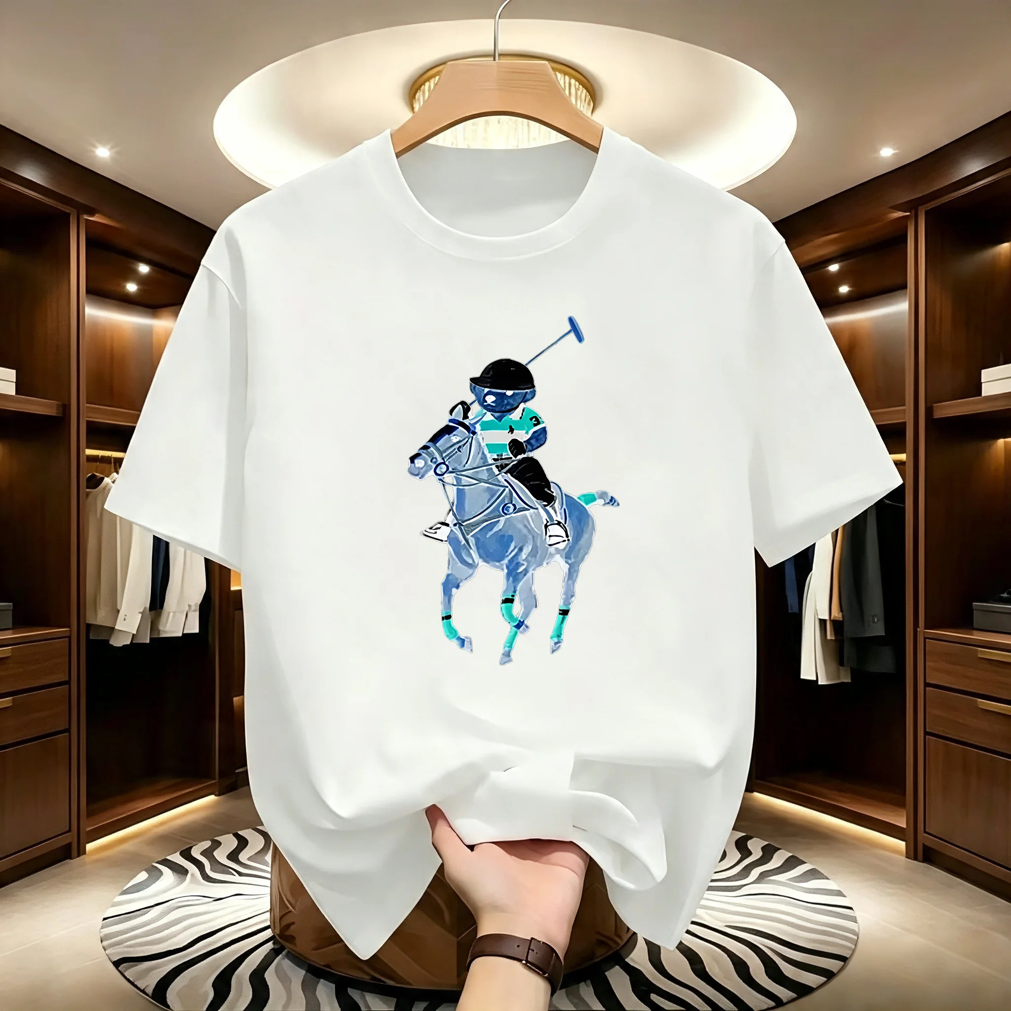 26-2027 New Cartoon Horse Rider Bear Print T-Shirt Y2K Retro Sport Style Unisex O-neck Short Sleeve Fashion Casual Top