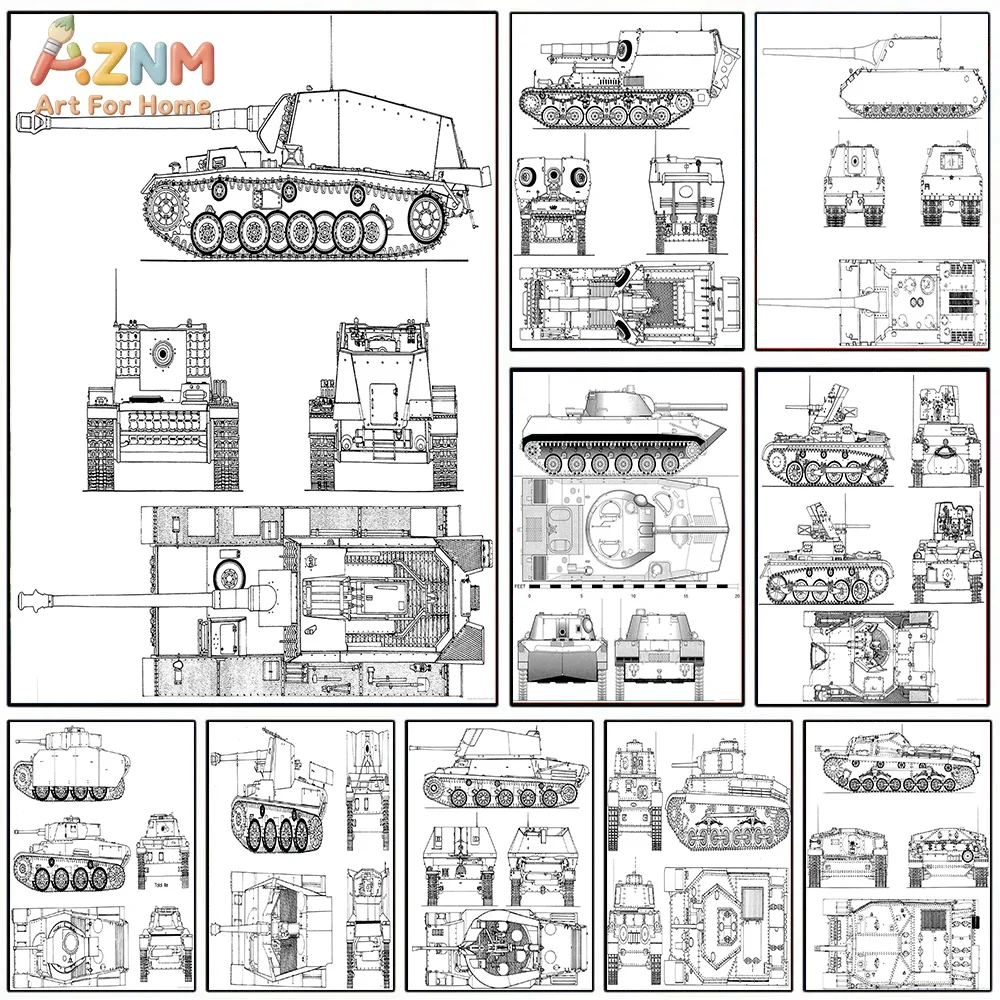 AZNM - Impresión HD de un Dibujo Técnico del Destructor de Tanques Alemán de la Segunda Guerra Mundial, Pintura en Lienzo sin Marco para Decoración de Paredes del Hogar