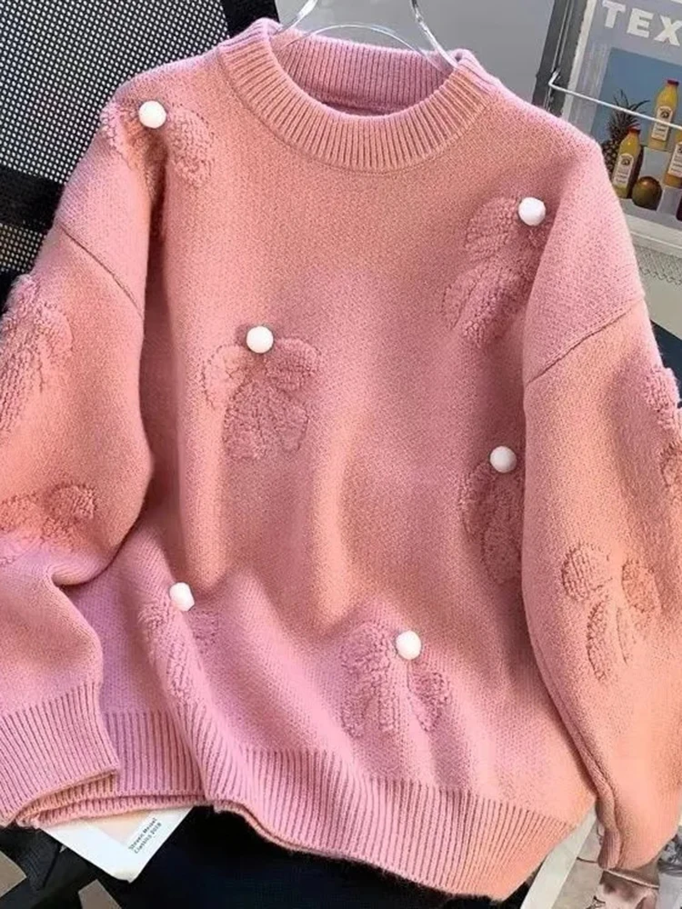Zoki Retro Bow Red Sweaters Women Casual Sweet Lazy Wind Knitted Jumpers Vintage Long Sleeve O Neck Female Cute Design Tops Fall