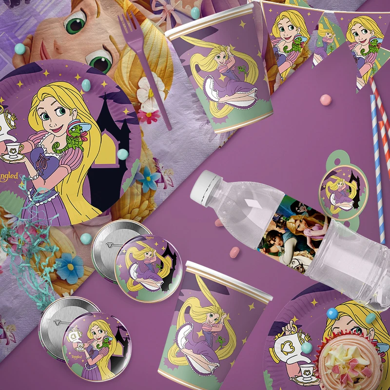 Suprimentos de festa de rapunzel emaranhado dos desenhos animados utensílios de mesa feliz aniversário decoração placa balão toalha de mesa criança favor festa chá de bebê