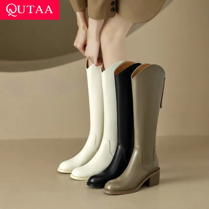 

QUTAA 2024 Women Motorcycle Genuine Leather Knee High Boots High Heels Autumn Winter Lady High Quality Elegant Shoes Size 34-40