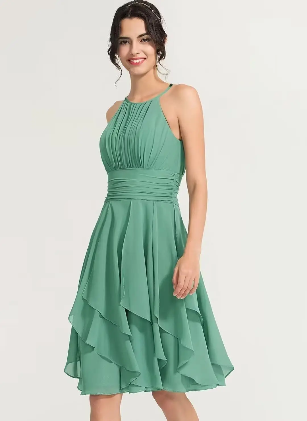 Chiffon Short Bridesmaid Dresses for Women Halter Cocktail Dresses Ruffle Formal Wedding Guest Dress with Pockets Prom Dresses
