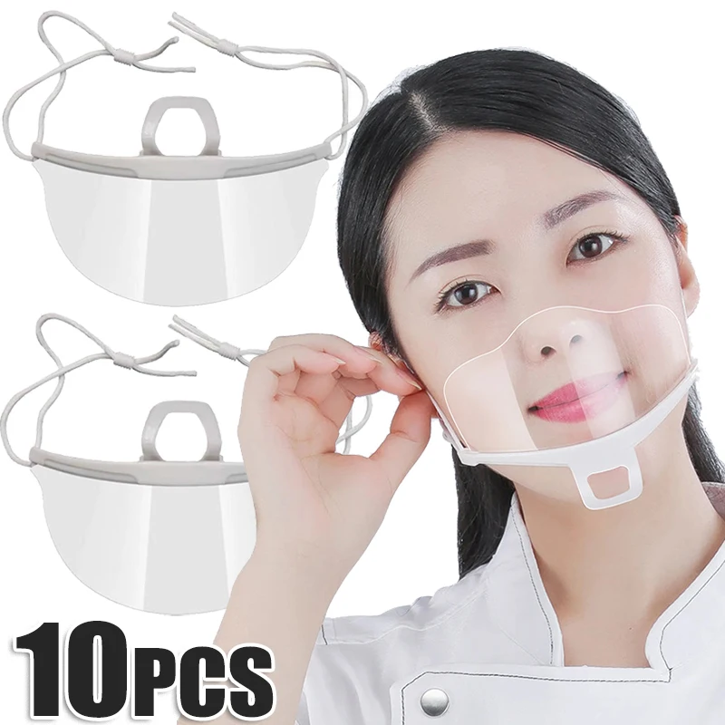 10pcs Clear Mask Shield Restaurant Reusable Food Handlers Anti-Fog Transparent Plastic Open Face Guard Mouth Protective Cover