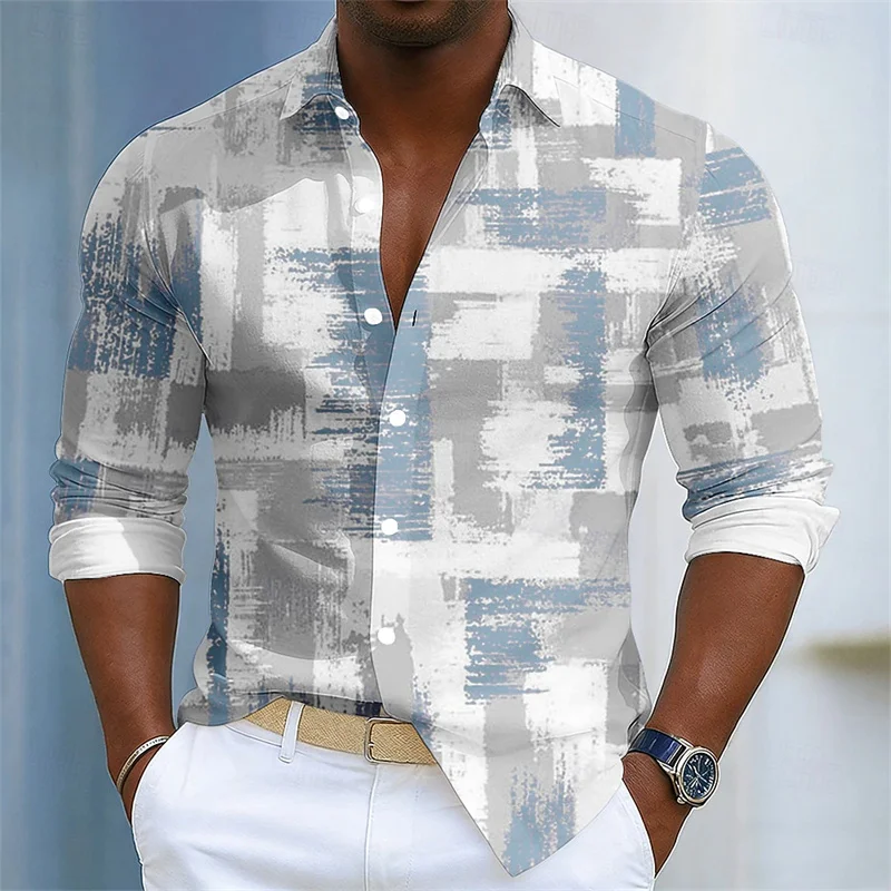 New men's shirt with color-blocked plaid print, long-sleeved, casual, trendy, and stylish design, lapel men's top, size XS-6XL.