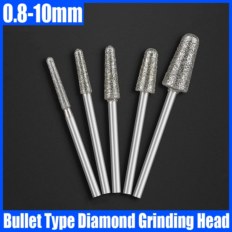 

0.8-10mm Bullet Type Diamond Grinding Head B Needle Bits Burrs Engraving Carving Tool 2.35/3mm Shank Grinding Bit Polishing Tool