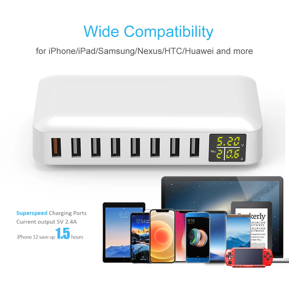 محطة شحن USB 8 منافذ 40 وات/60 وات شحن سريع مع شاحن سطح المكتب بشاشة LED لأجهزة متعددة iPhone Samsung