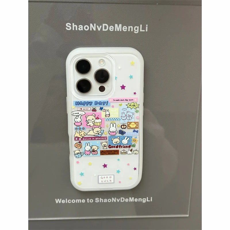 Нишевый красочный чехол с изображением звезды, кролика и медведя для iPhone 16, 15, 14, 13, 12 Pro Max, милый мягкий чехол Y2k для девочек в стиле минимализм