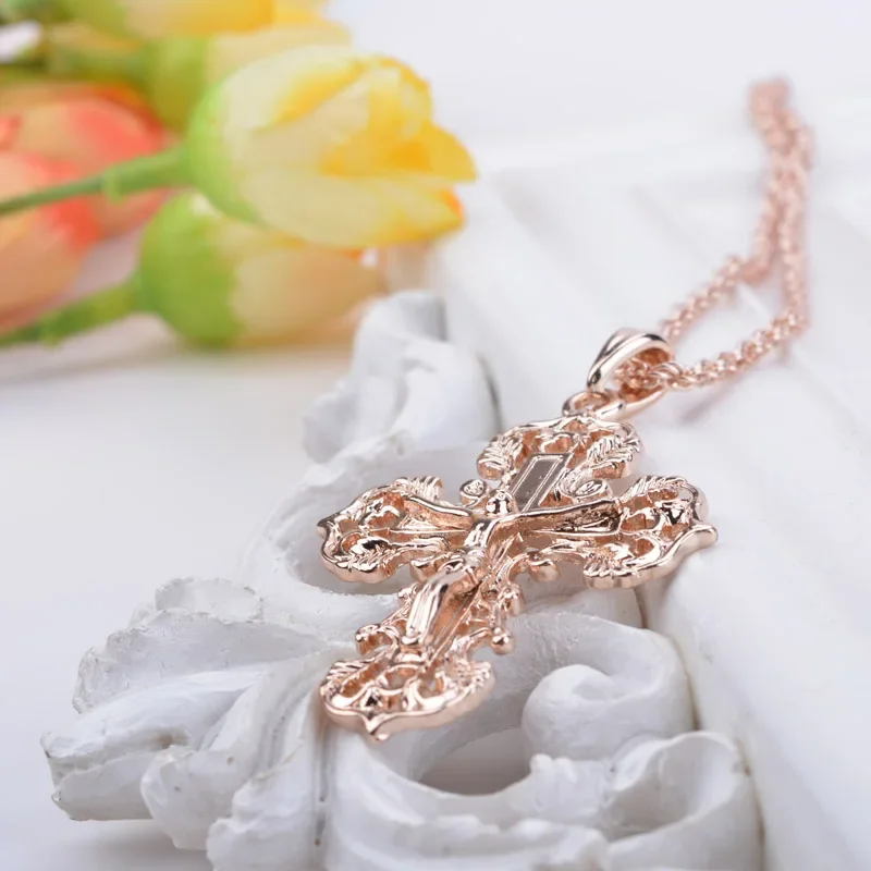 Shamty Cross Necklace Vintage Rose gold Color Fashion Jewelry Necklace Pendants Jesus Cross Orthodox Chain Jesus Christianity