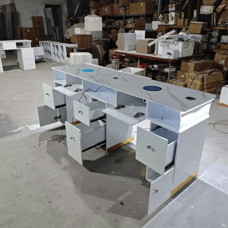 Marble Manicure Table With Vacuum Cleaner LED Nail Technician Workbench Deluxe Beauty Salon Desk