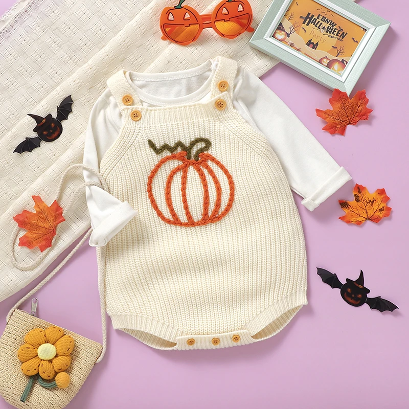 

Детские боди на Хэллоуин, вязаный комбинезон для новорожденных мальчиков и девочек, забавная детская одежда с тыквой, комбинезон без рукавов для детей 0-18 месяцев