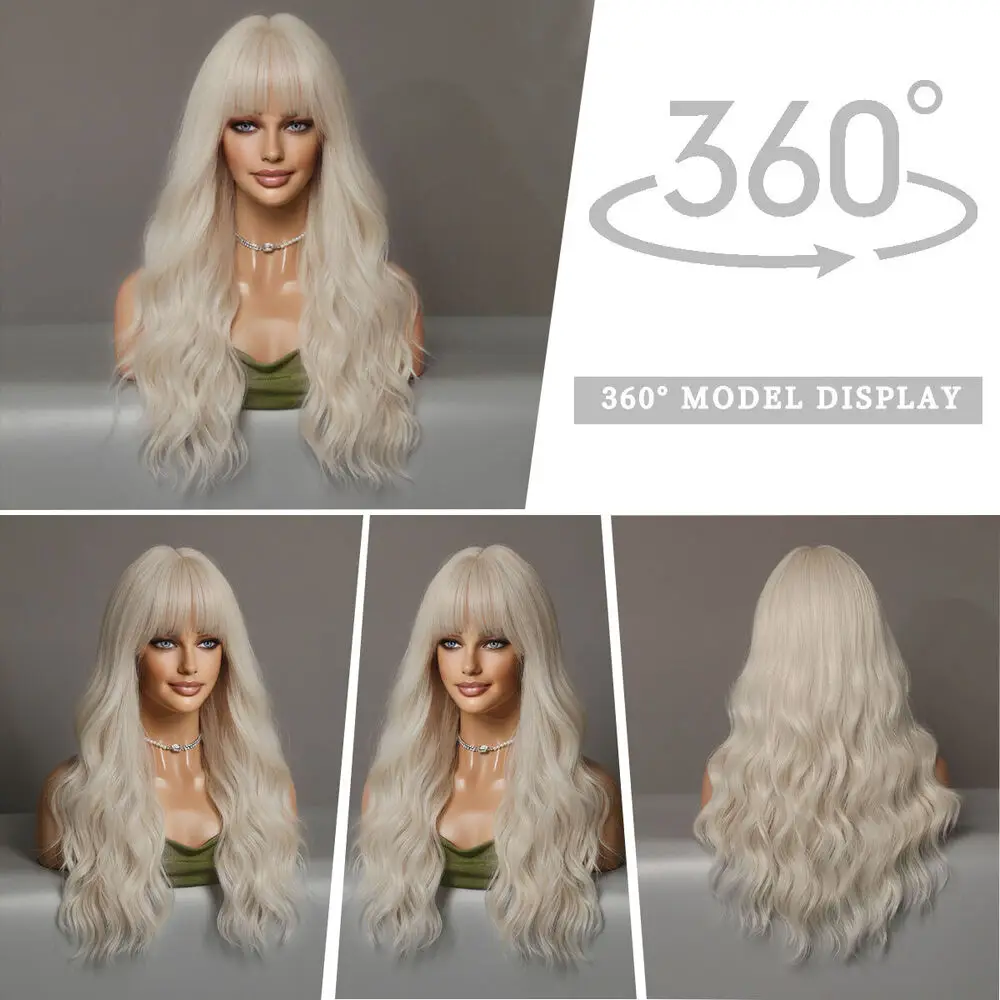 Platinum blonde Layered Long Wavy Costume Wigs With Bangs Synthetic Hair Synthetic